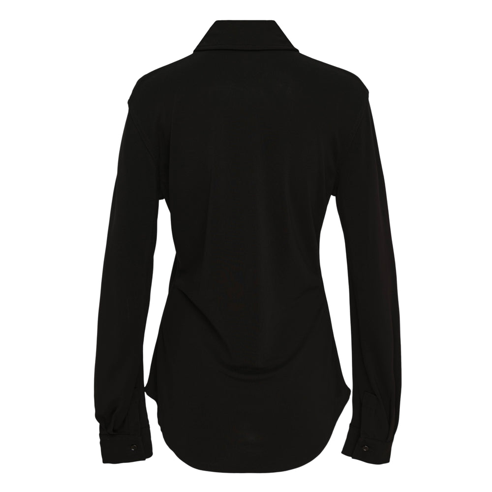 Lemaire Soft Fitted Shirt in black with gathered drawstring collar, button-front closure, and long sleeves on a white background