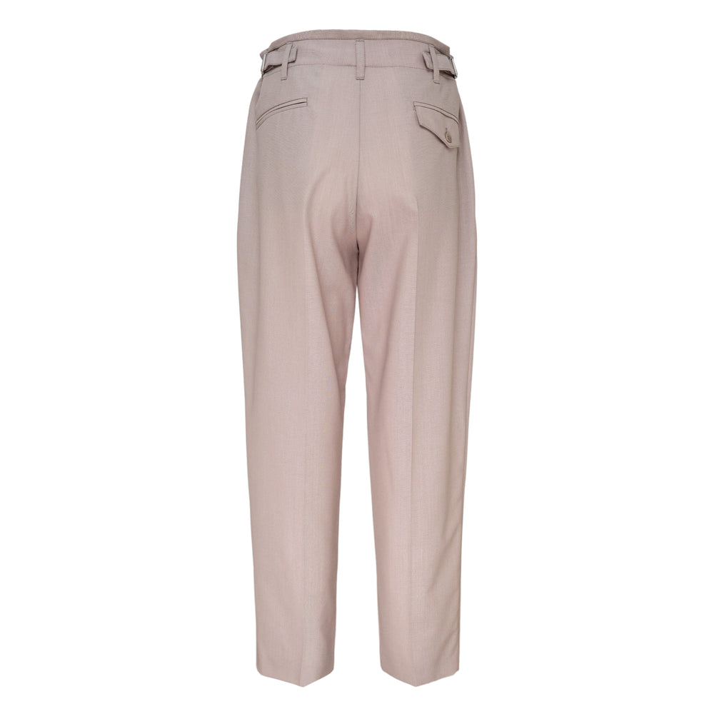 Lemaire pleated tropical wool-poly blend high-waisted tapered trousers in dusty rose-taupe, front view showing pressed centre creases and belt loops