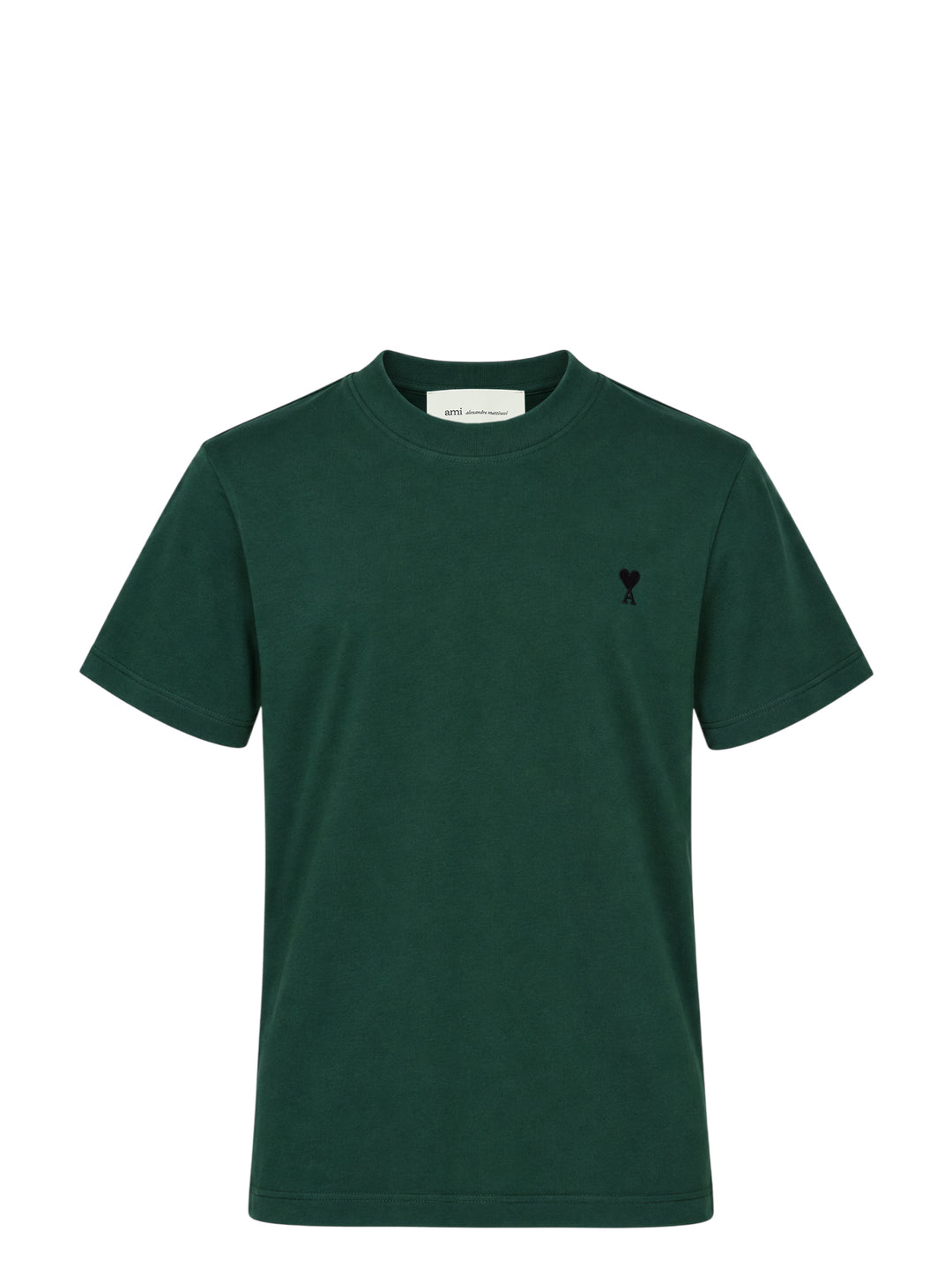 AMI Alexandre Mattiussi forest green short sleeve T-shirt with tonal black Ami de Cœur embroidered logo on the chest and crew neckline