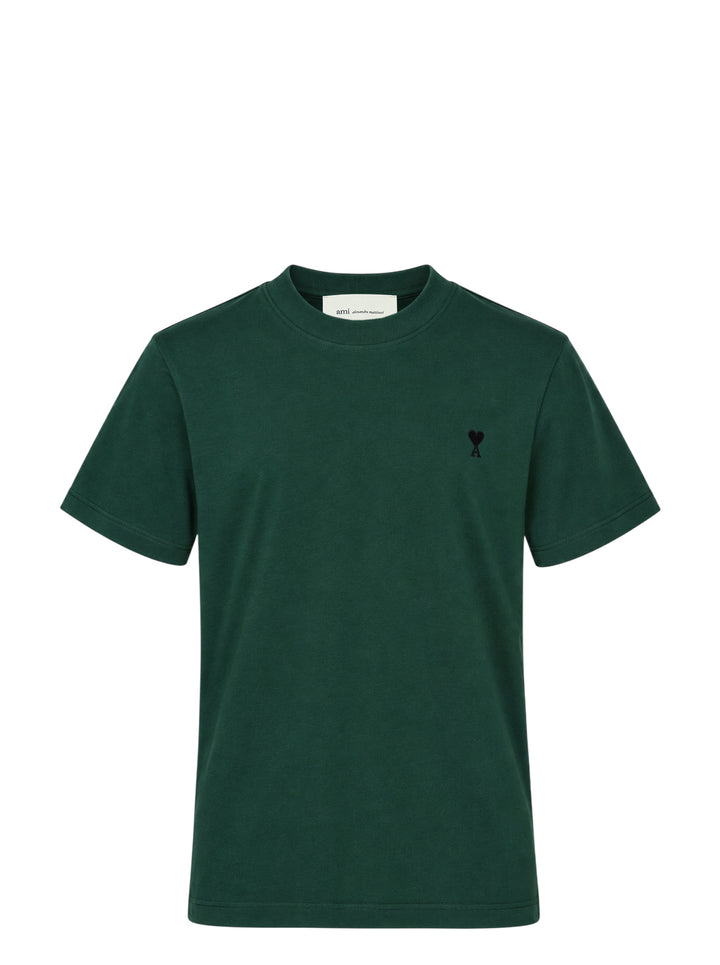 AMI Alexandre Mattiussi forest green short sleeve T-shirt with tonal black Ami de Cœur embroidered logo on the chest and crew neckline