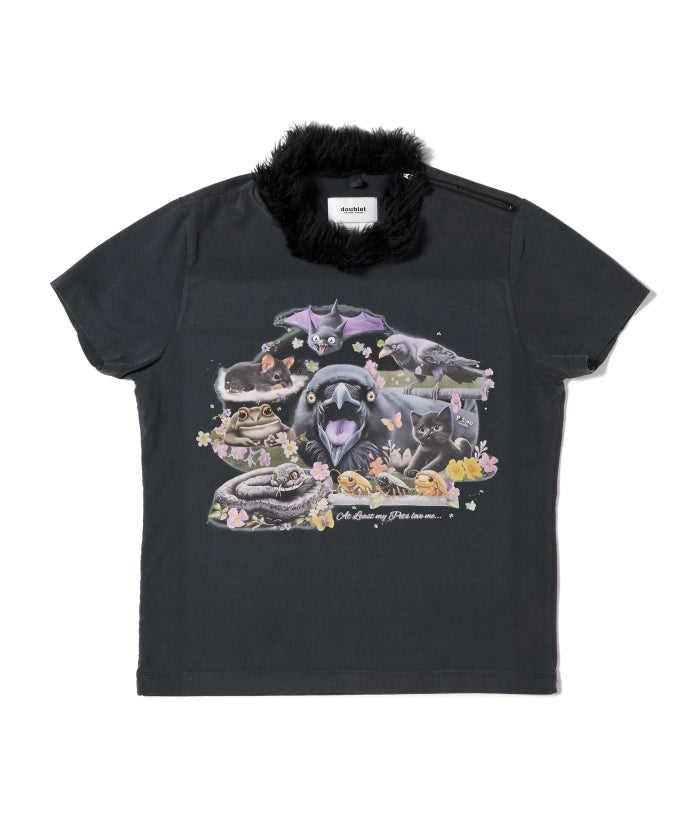 Furry Collar Zip-Up T-Shirt