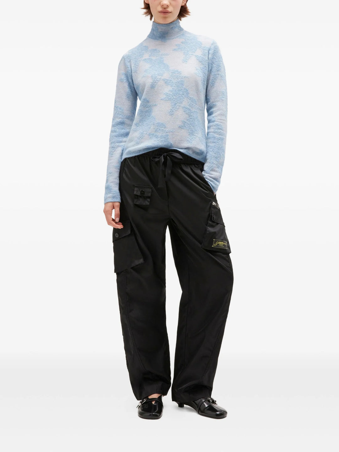 Sheer Flower Jacquard Mockneck Top