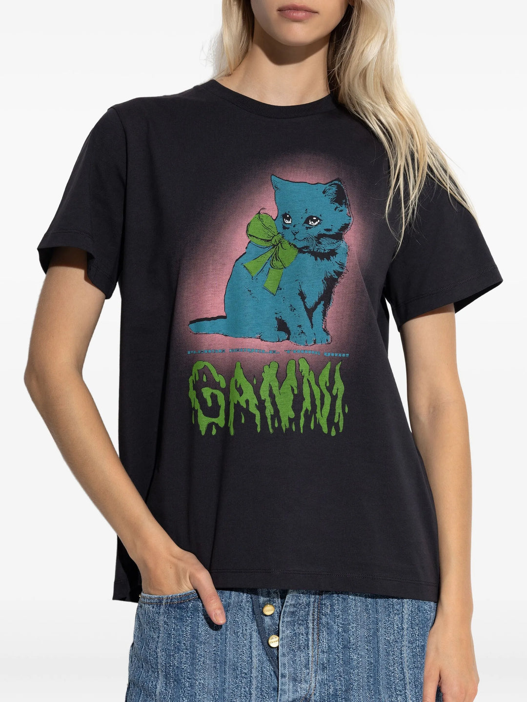 Basic Cotton Jersey Neon Kitty T-Shirt