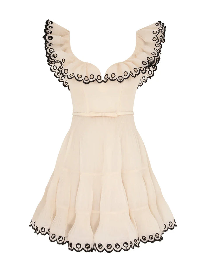 Embroidered Frilled Mini Dress