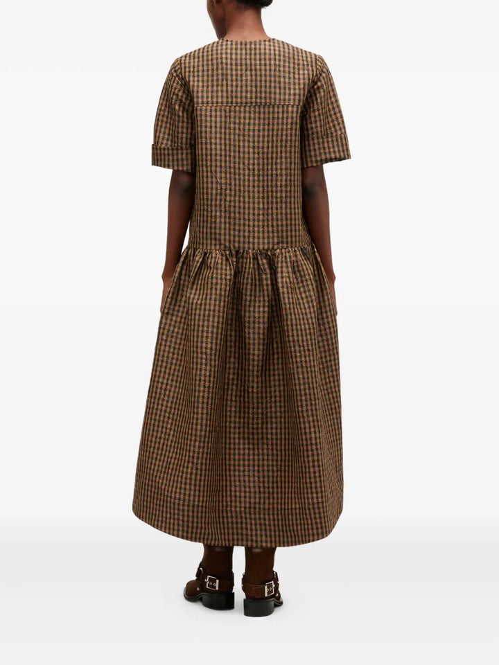 Crinkled Taffeta Check Long Dress