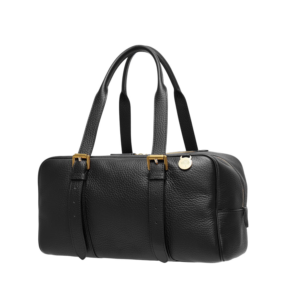 Mulberry Boston Heavy Grain Medium Top Handle bag in chalk pebbled leather with antique brass buckle hardware and dual top handles, front view