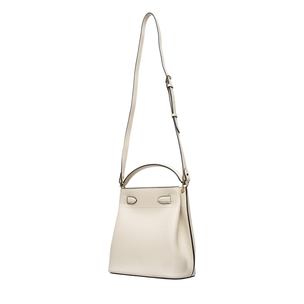 Mulberry Islington Bucket Bag in black pebbled leather with gold postman's lock closure, rolled top handle, and adjustable crossbody strap, photographed against a white background