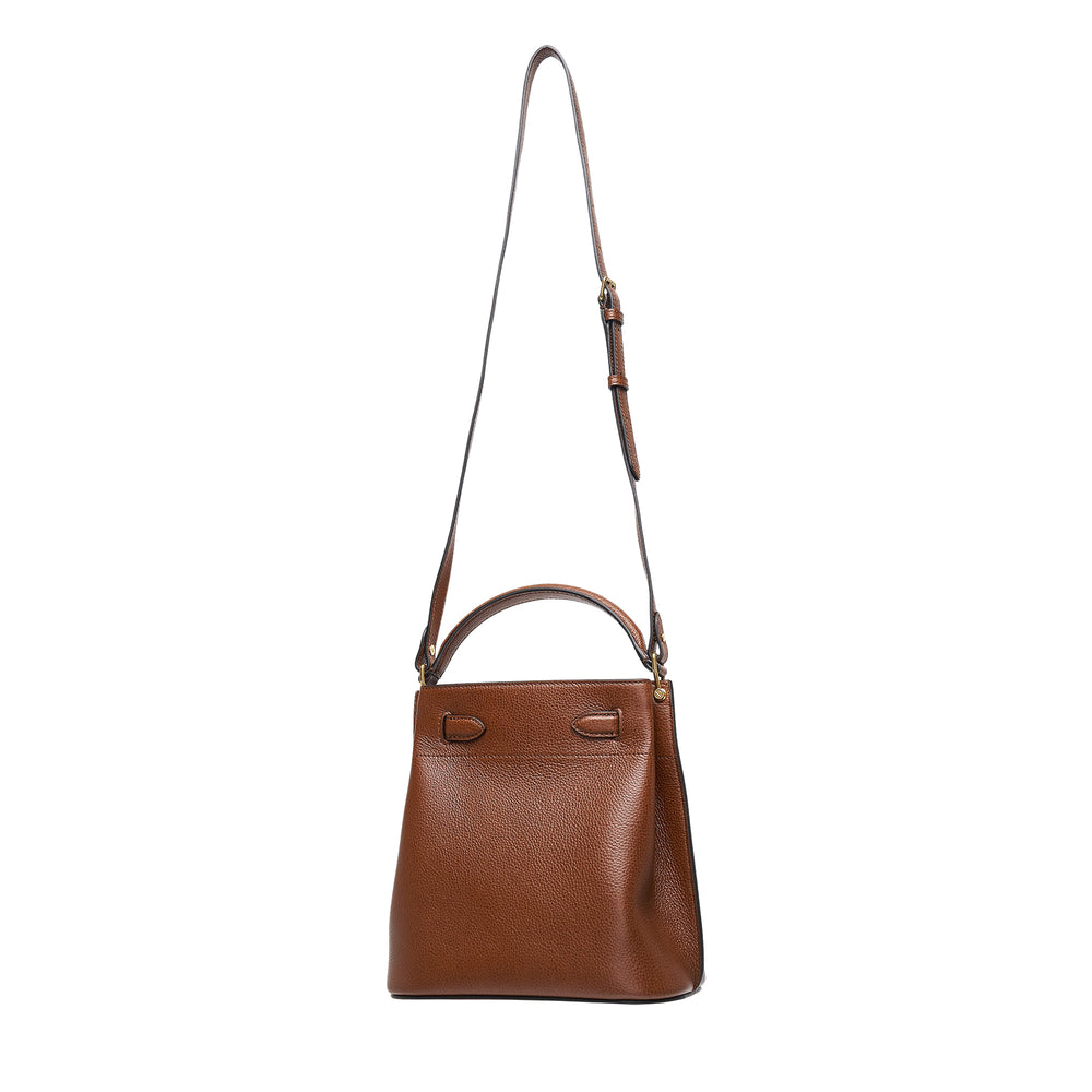 Mulberry Islington Medium Bucket Bag in tan pebbled leather with gold postman's lock closure, rolled top handle, and adjustable crossbody strap