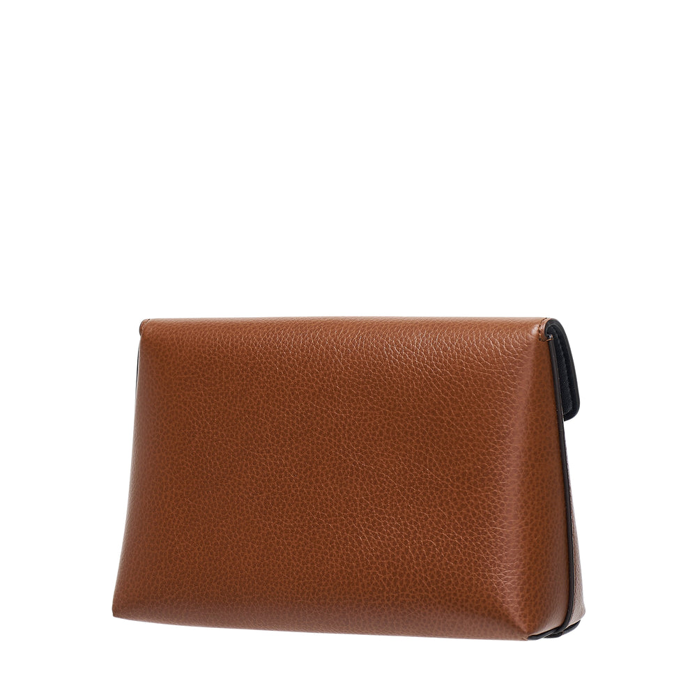Mulberry Darley Cosmetic Pouch in tan pebbled leather with gold oval postman's lock closure, front view on white background