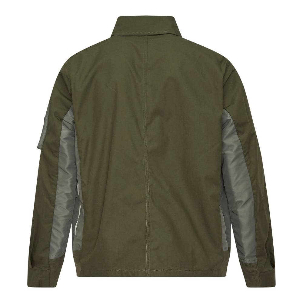 sacai Cotton Nylon Oxford Jacket in black, front view, featuring button-front closure, MA-1 nylon sleeve panel with zip pocket, and patch pockets