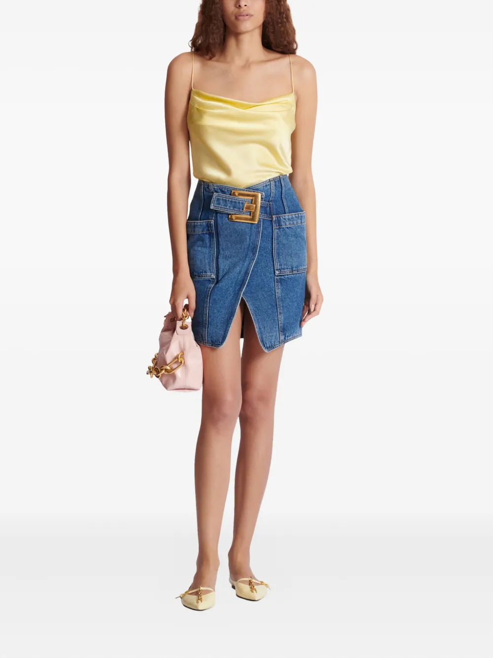Belted Dark Blue Denim Knee Length Skirt