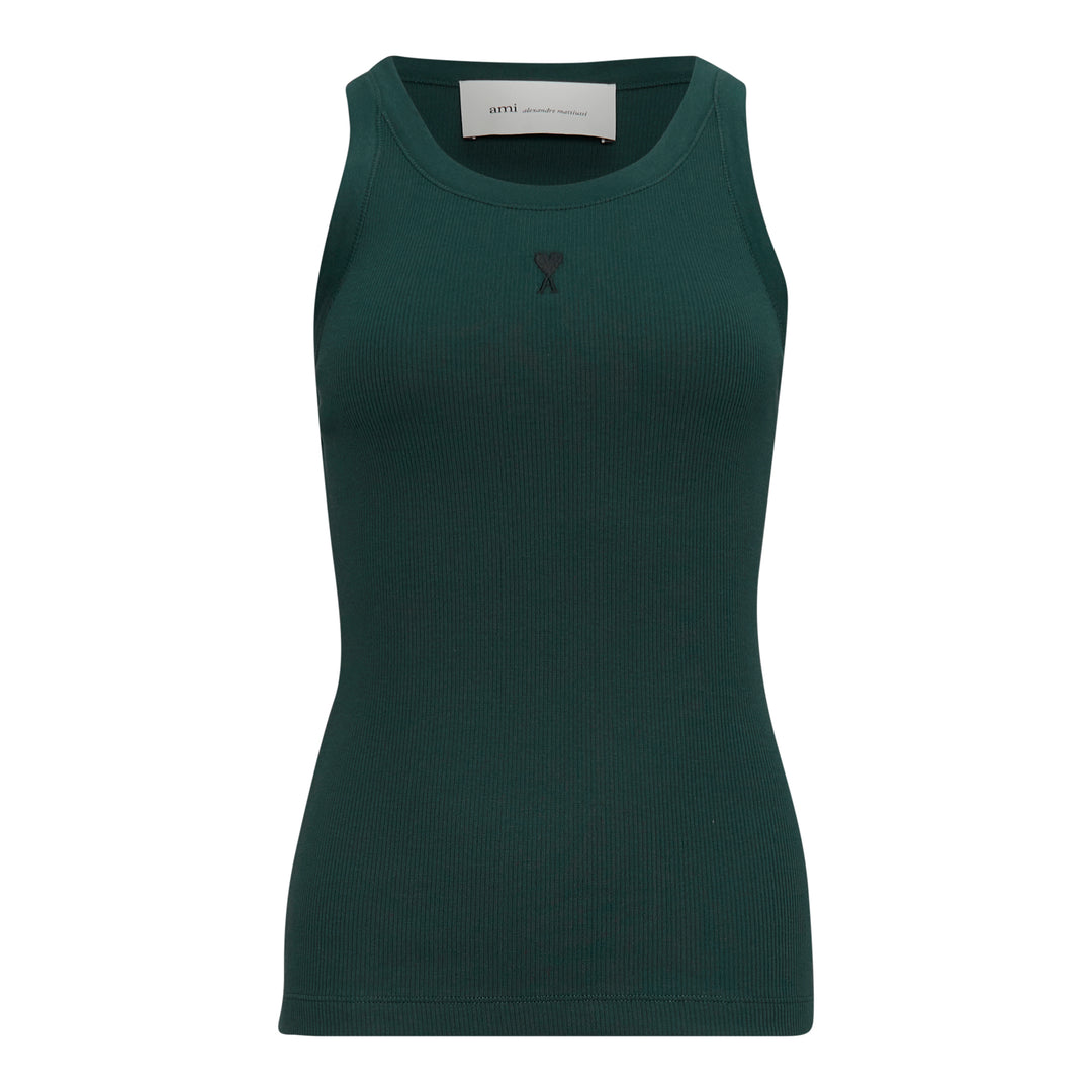AMI Alexandre Mattiussi heather grey ribbed tank top with Ami de Cœur heart-and-A logo embroidered at the chest, front view on white background