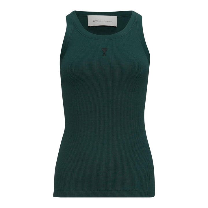 AMI Alexandre Mattiussi heather grey ribbed tank top with Ami de Cœur heart-and-A logo embroidered at the chest, front view on white background