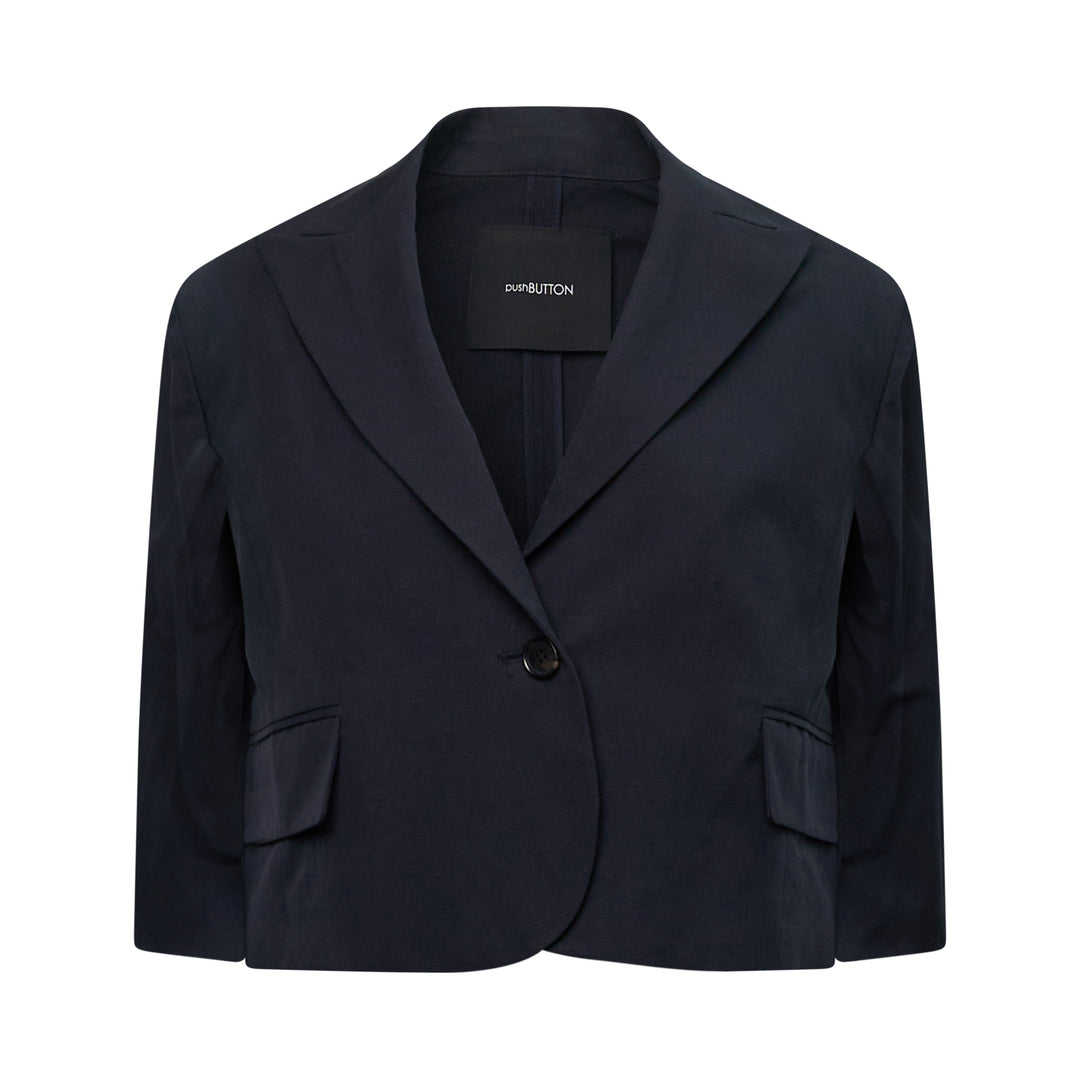 Navy Check Cropped Cape Blazer