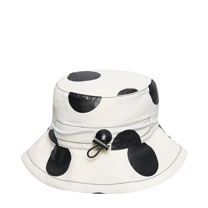 Jacquemus Le Bob Baluchon bucket hat in off-white with large black polka dots, featuring a wide brim with contrast topstitching and script logo detail - view 3