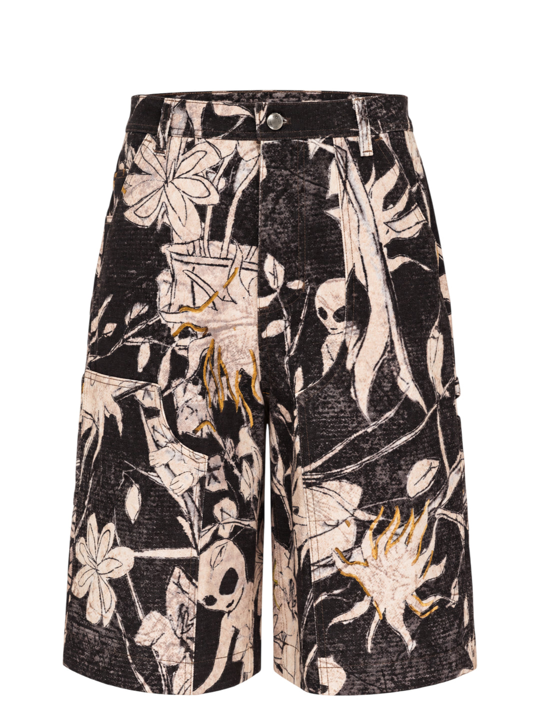 Andersson Bell carpenter shorts with an all-over black and cream floral and alien print, gold embroidered accents, and utility pocket detailing