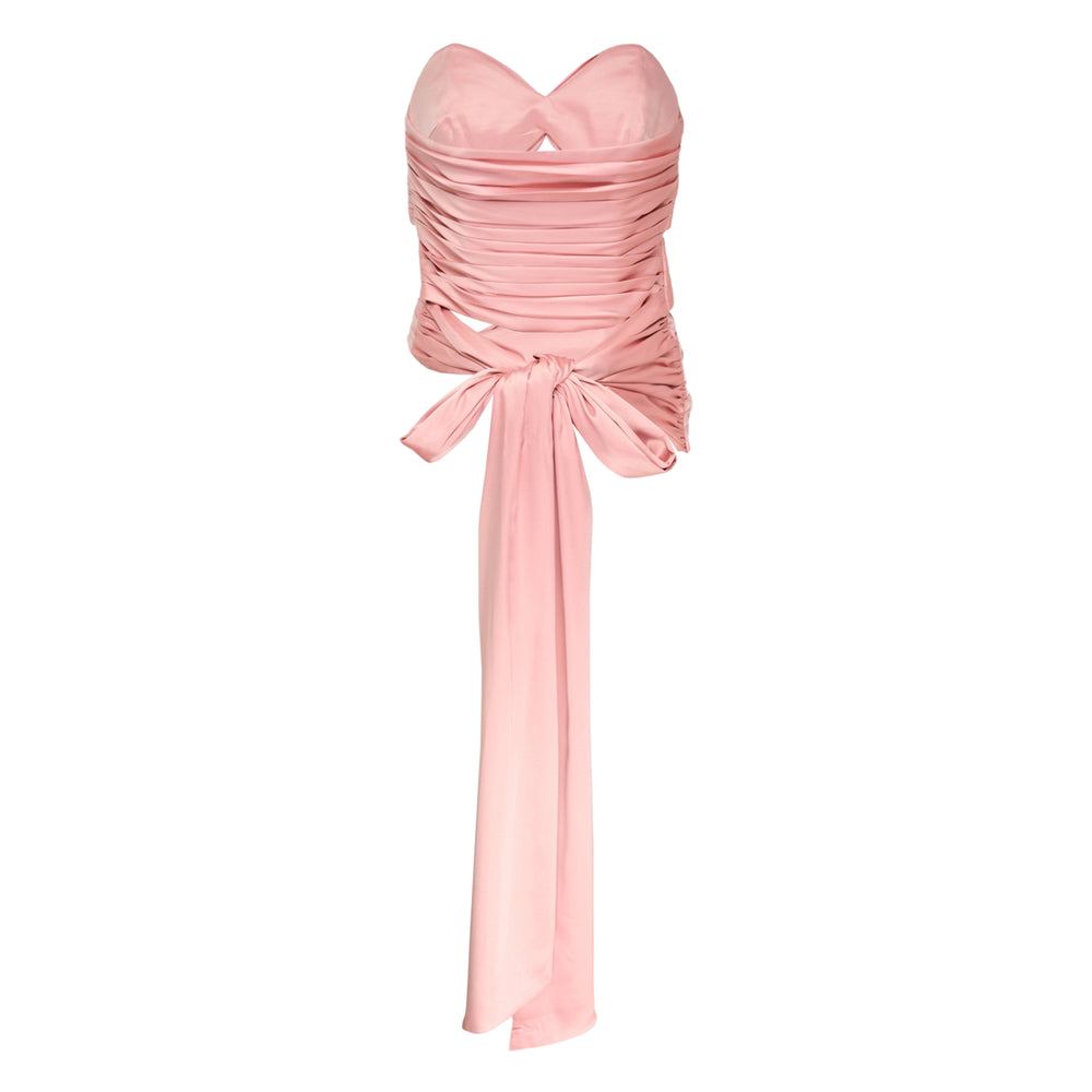 Stolen Studios 3 Carats Bustier in blush pink — strapless ruched satin top with criss-cross wrap ties and a long draped trailing tail, shown on a plain white background - view 2