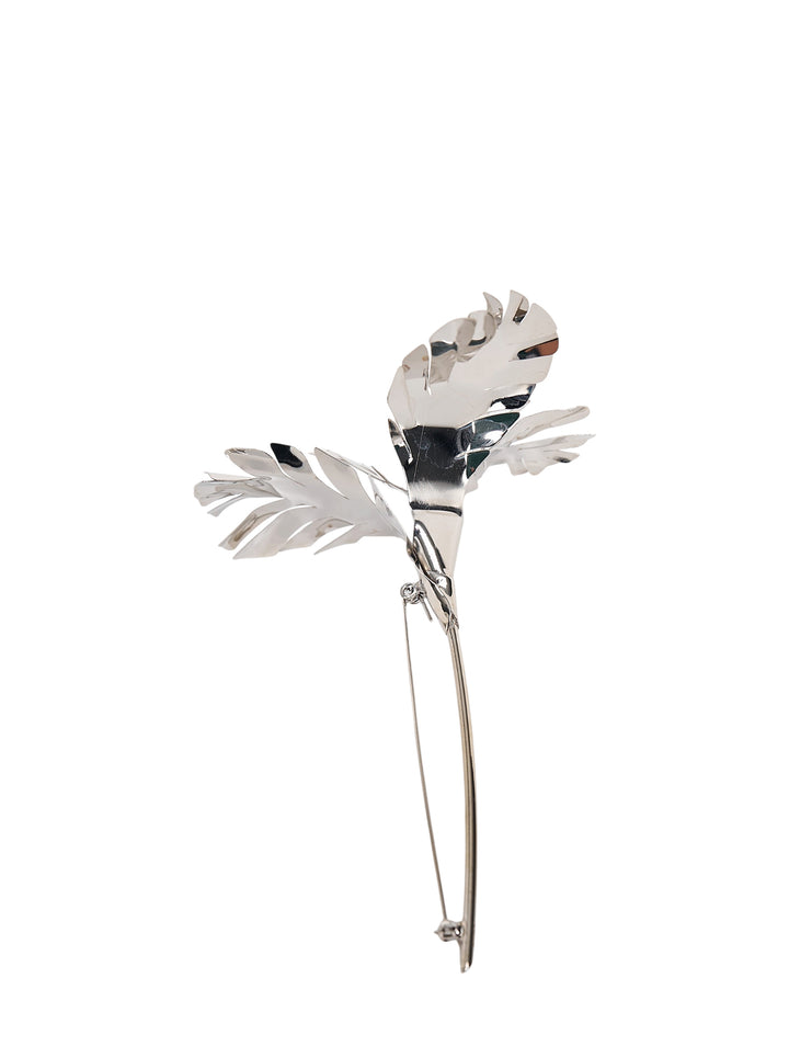 N°21 silver-tone metal brooch shaped as three polished, cut-out tropical leaves with a long pin fastening - view 3
