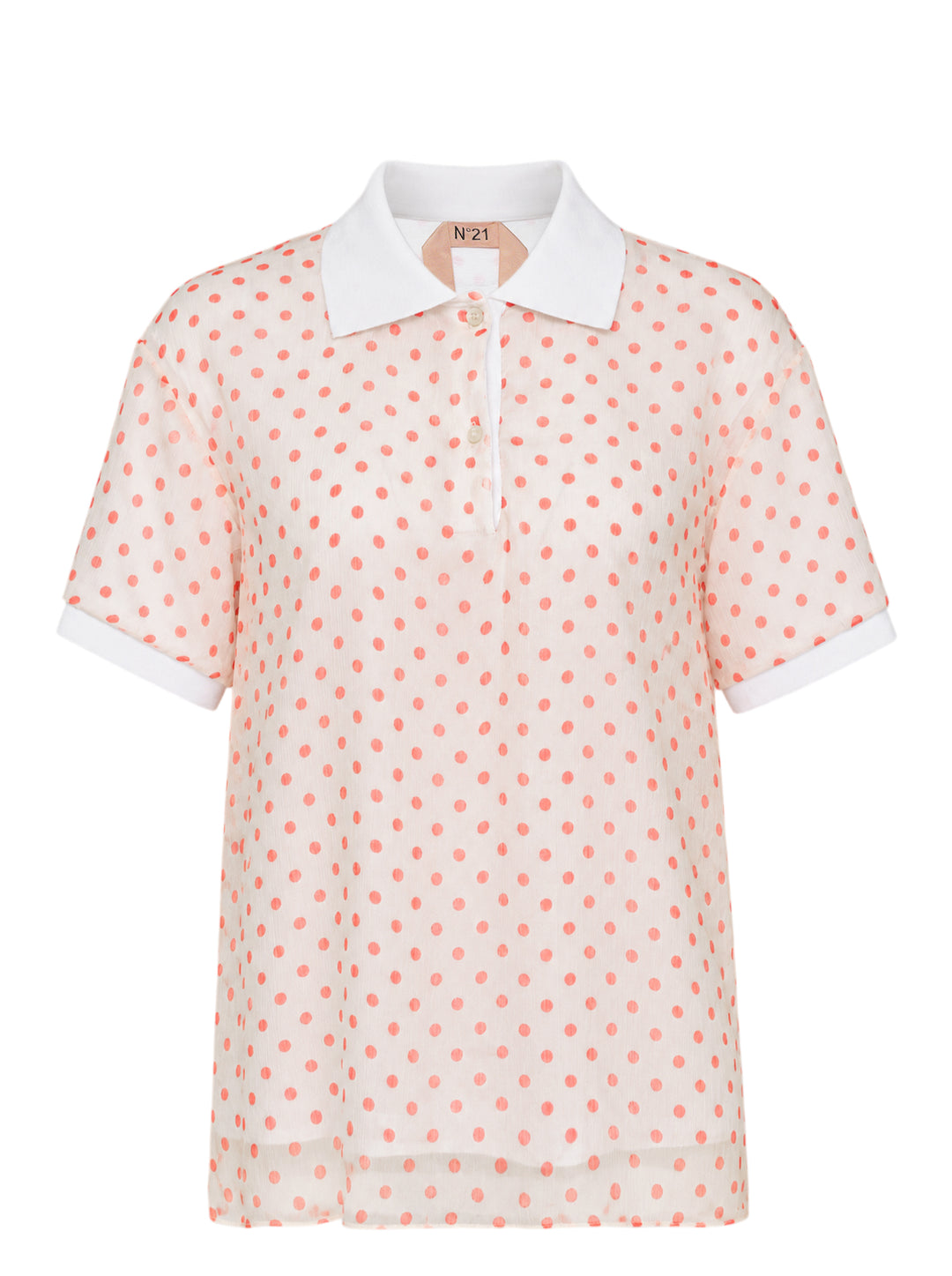 N°21 sheer polka dot polo shirt with white collar and cuffs, shown from the front