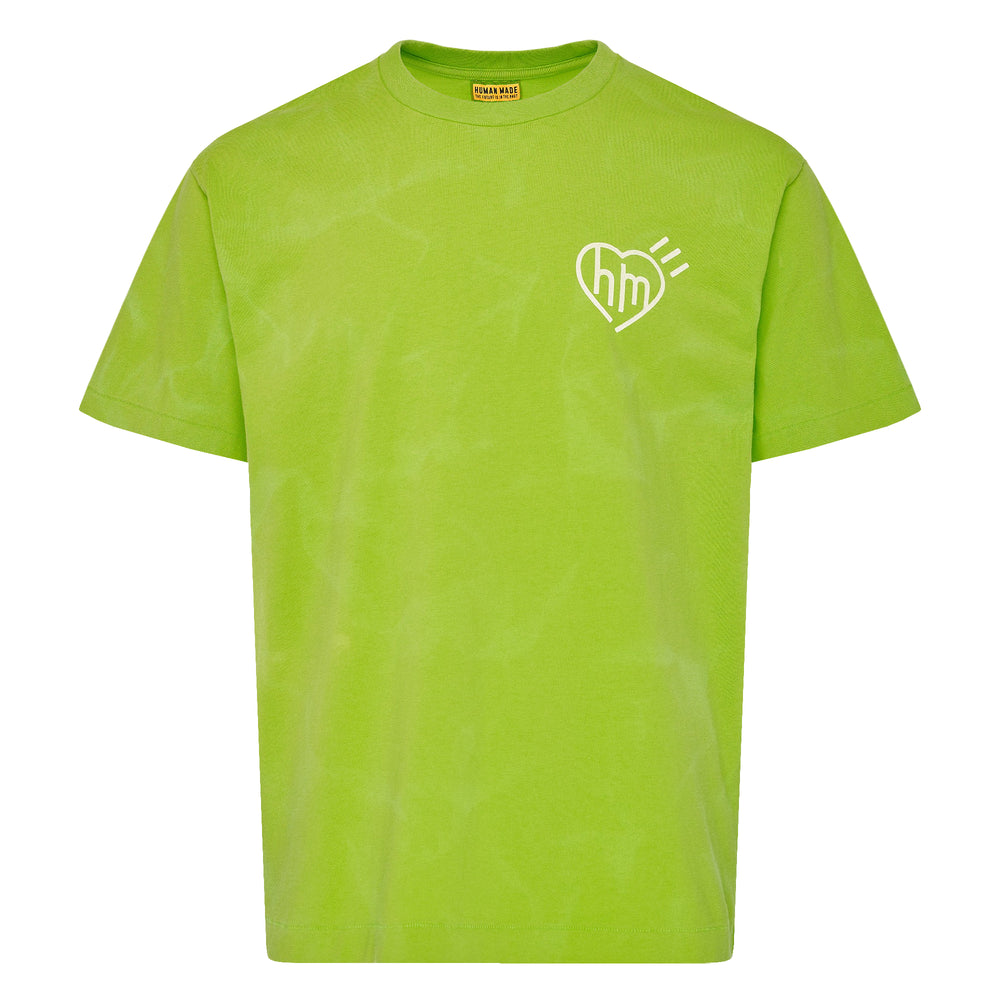 Human Made Garment Dye Short Sleeve Tee in light blue with tonal all-over wash effect and heart 'hm' logo graphic at the chest