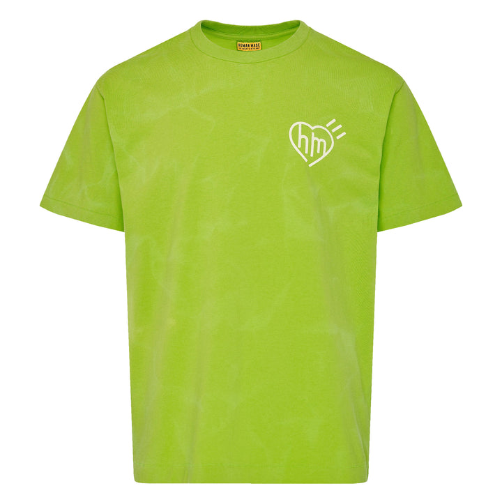 Human Made Garment Dye Short Sleeve Tee in light blue with tonal all-over wash effect and heart 'hm' logo graphic at the chest