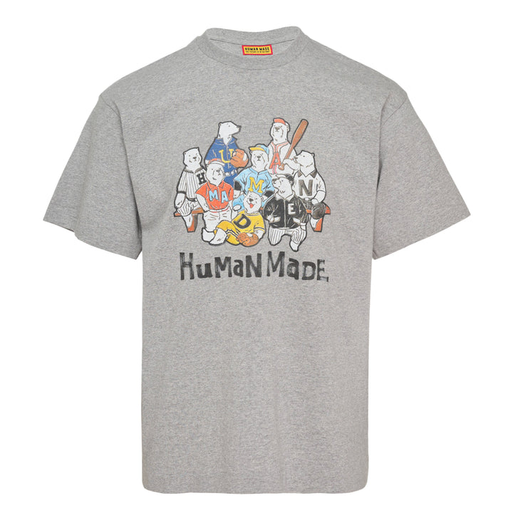 Human Made Baseball Graphic T-Shirt in heather grey, featuring an illustrated group of bear characters in baseball uniforms spelling out Human Made, with the brand wordmark printed below the graphic
