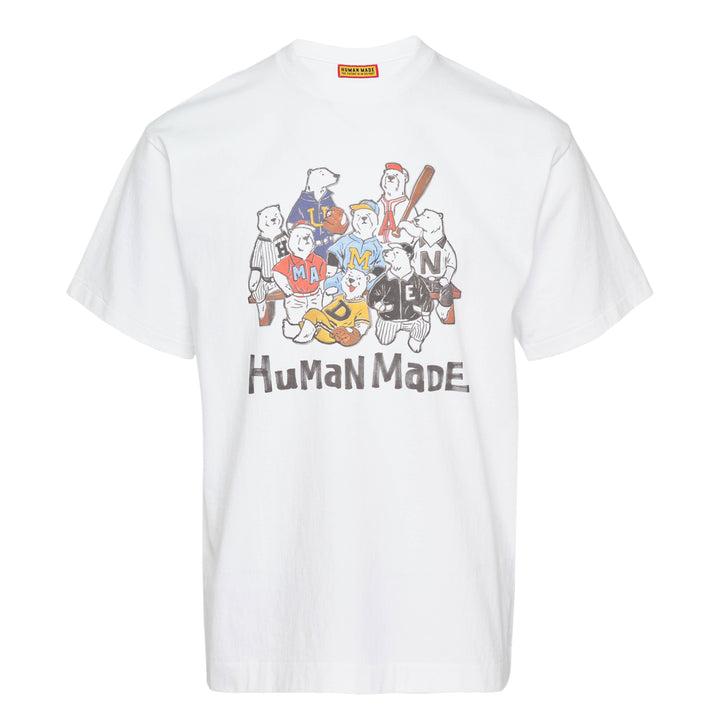 Human Made Baseball Graphic T-Shirt in heather grey, featuring an illustrated group of bear characters in baseball uniforms spelling out Human Made, with the brand wordmark printed below the graphic