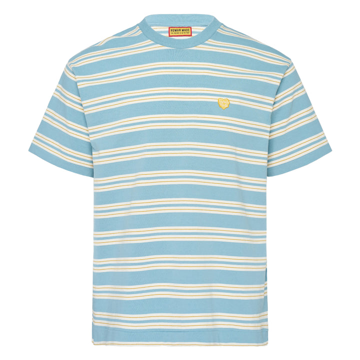 Human Made Striped Short Sleeve Tee in sky blue with horizontal multicolour stripes in cream, yellow, and blush, featuring an embroidered yellow heart logo patch at the chest