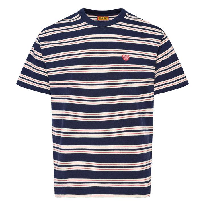 Human Made Striped Short Sleeve Tee in sky blue with horizontal multicolour stripes in cream, yellow, and blush, featuring an embroidered yellow heart logo patch at the chest