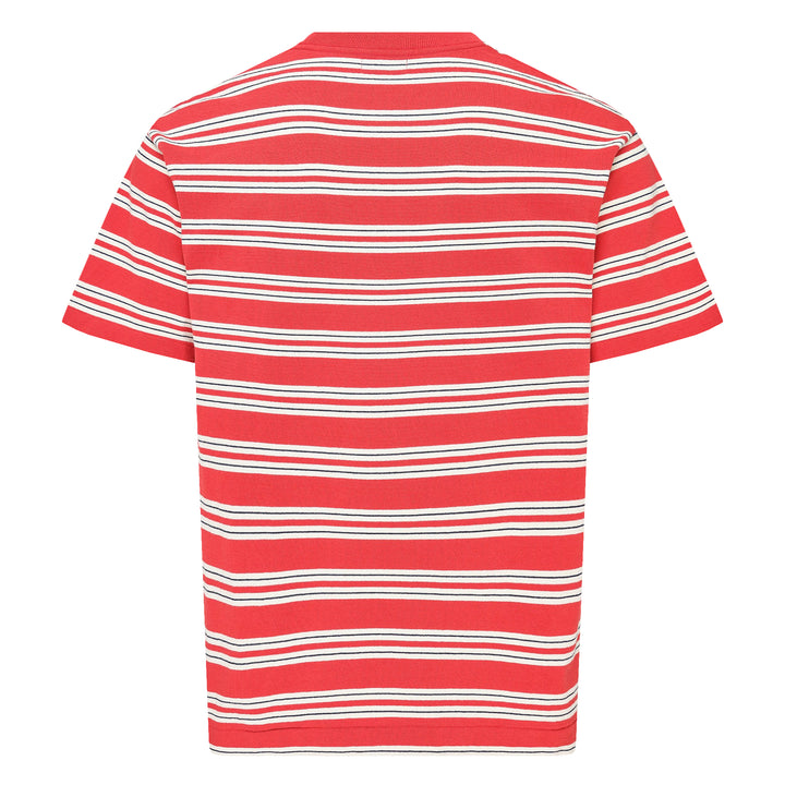 Human Made Striped Short Sleeve Tee in sky blue with horizontal multicolour stripes in cream, yellow, and blush, featuring an embroidered yellow heart logo patch at the chest