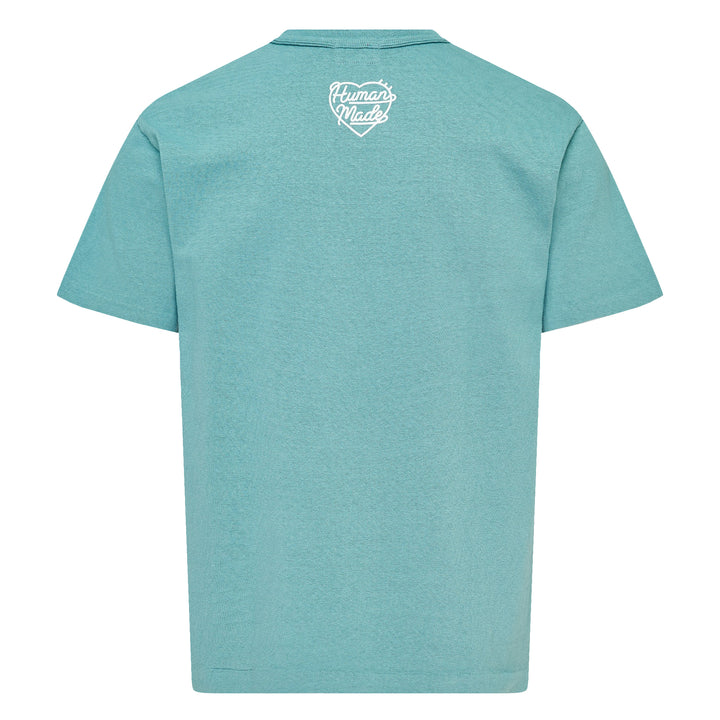 Human Made Color Heart Logo Tee in dusty blue, featuring a white cursive 'Human Made' heart graphic print at the chest, crew neck, and short sleeves
