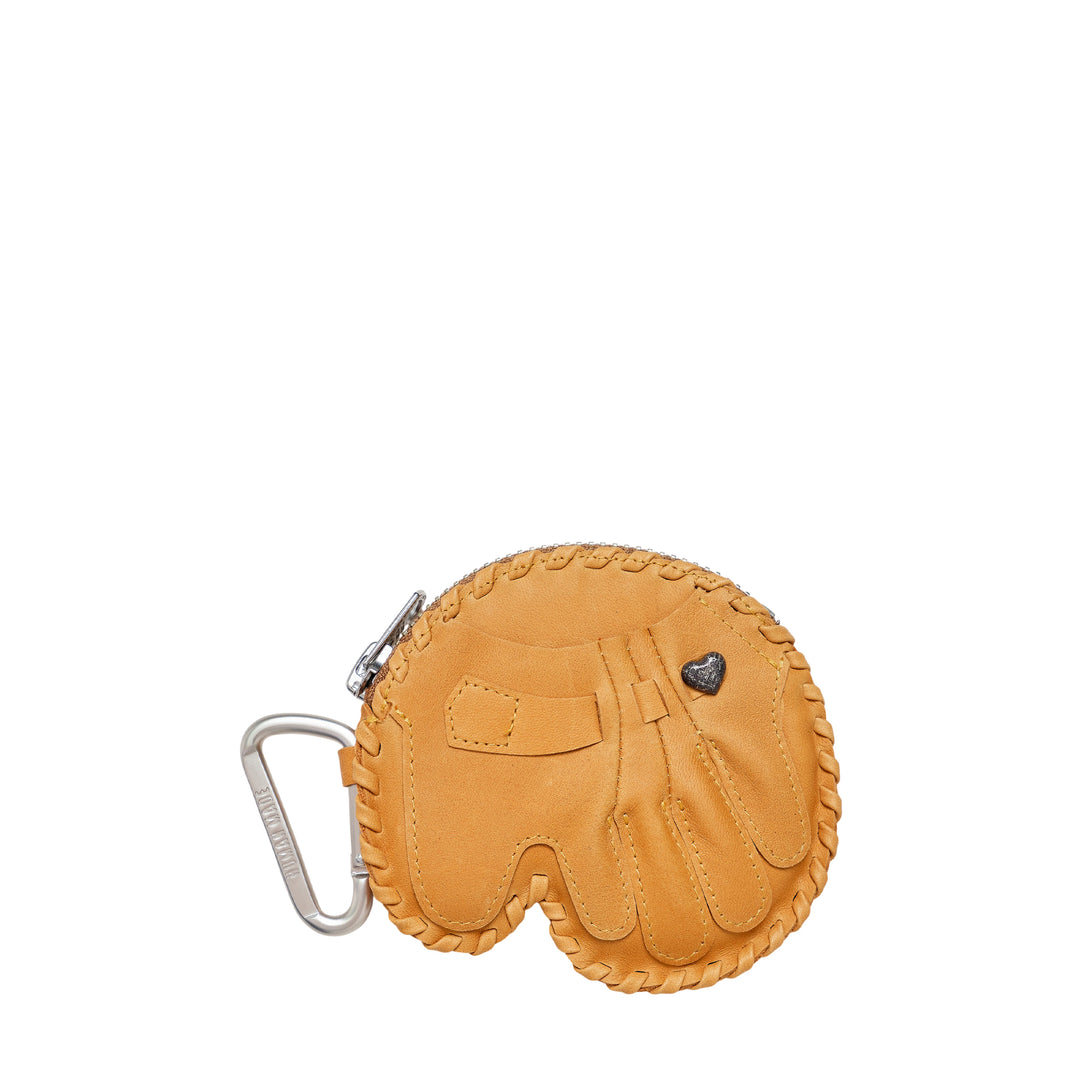Human Made Baseball Glove Coin Case in tan suede-tone leather with whipstitch edging, zip closure, carabiner clip, and heart logo charm