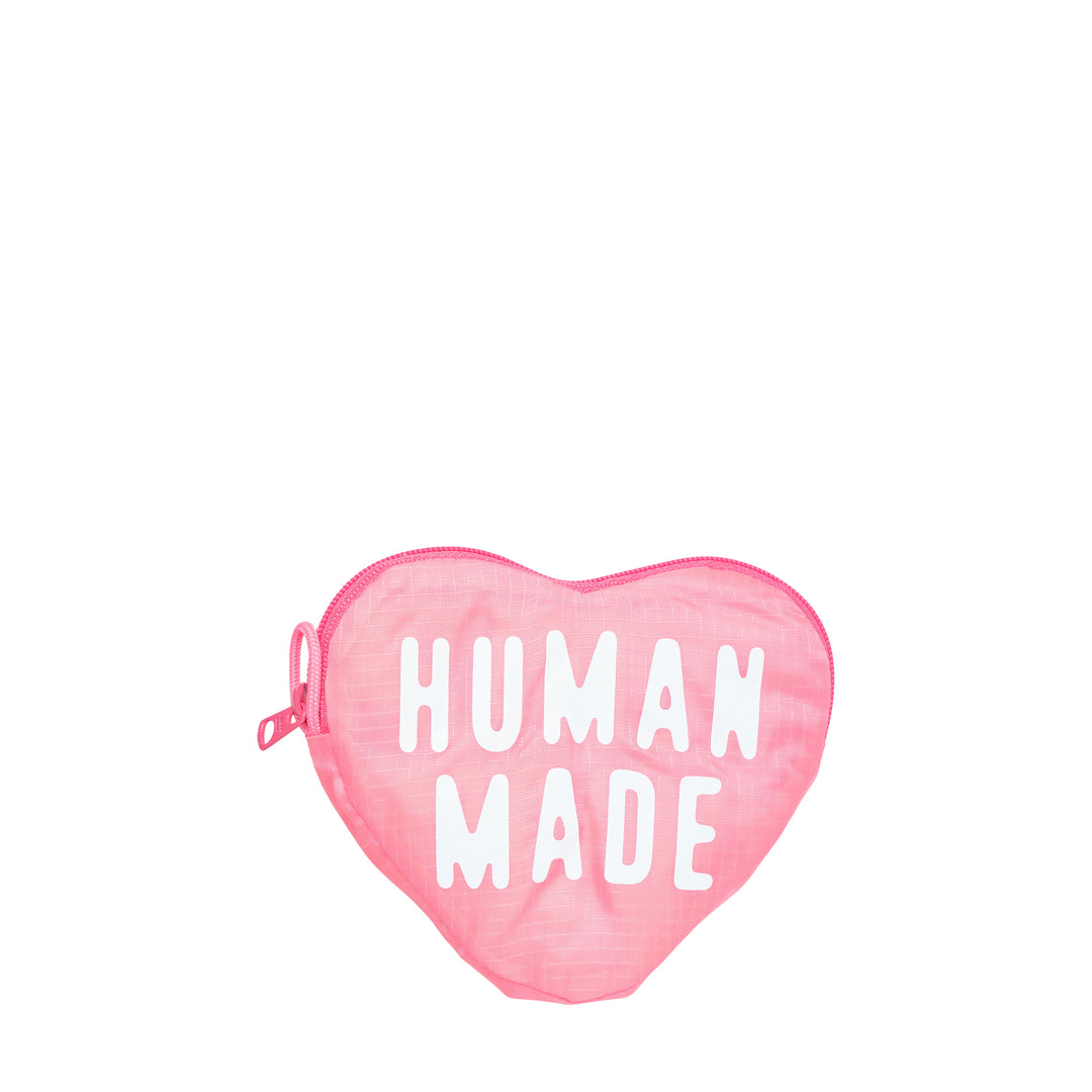 Human Made Heart Shopping Bag in lime green nylon with embroidered heart logo patch and diagonal stripe graphic on the front