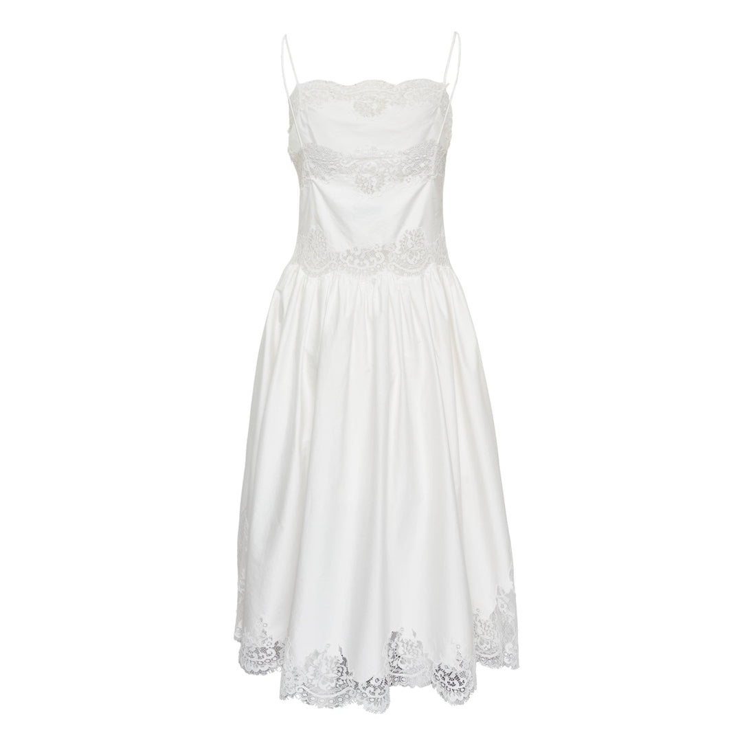 White Cotton Lace Trim Midi Dress