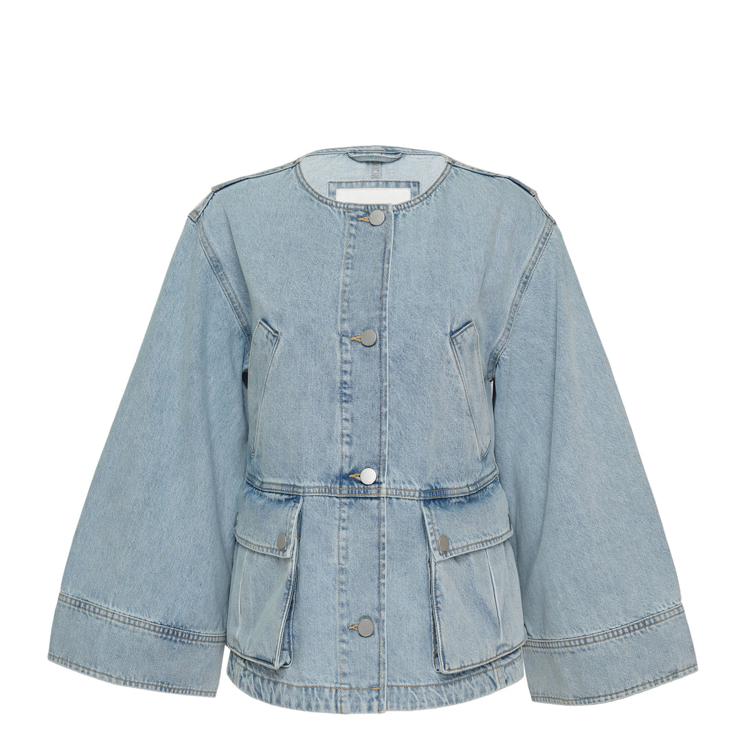 Collarless Trapeze Denim Jacket