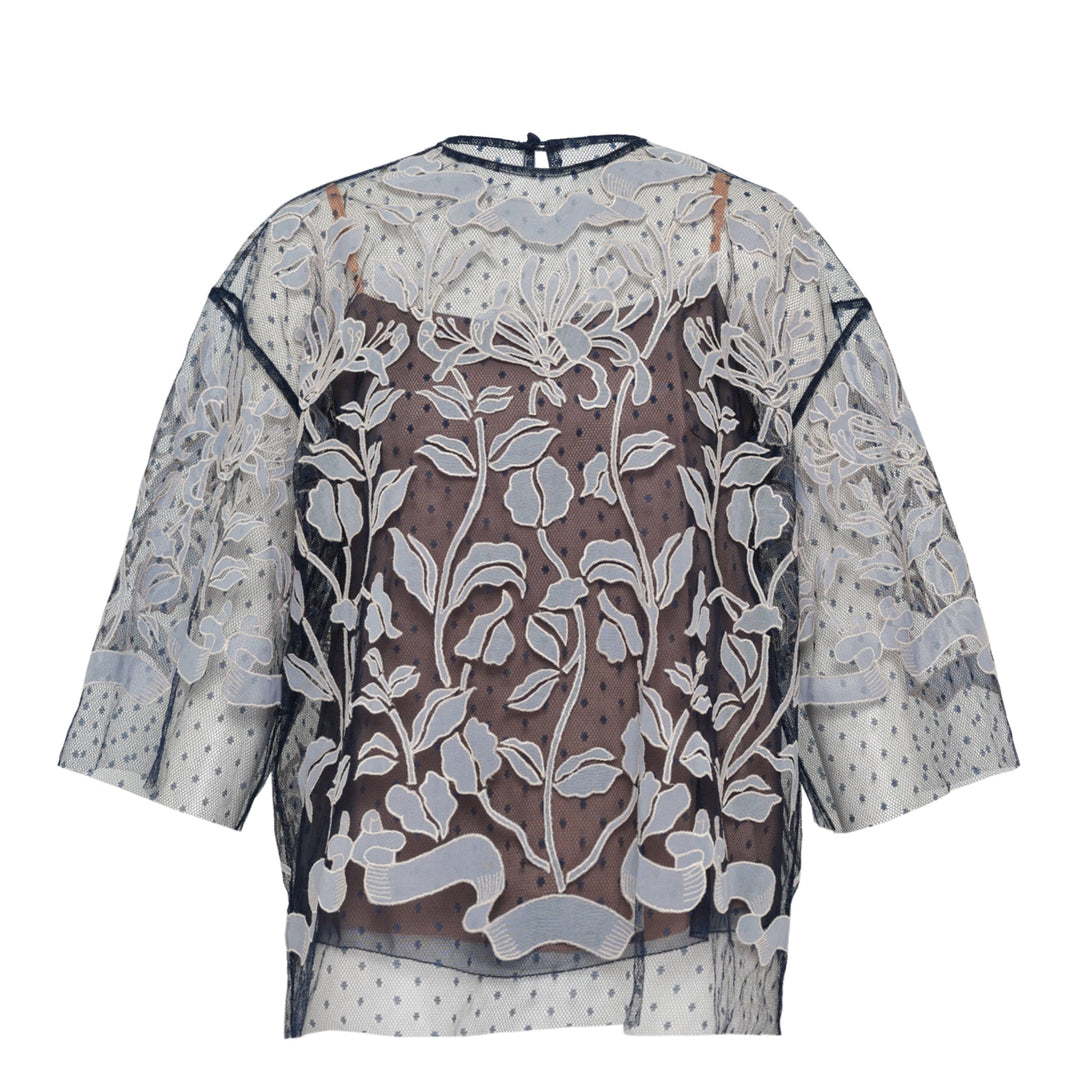 Dot Tulle Top With Linen Embroidery