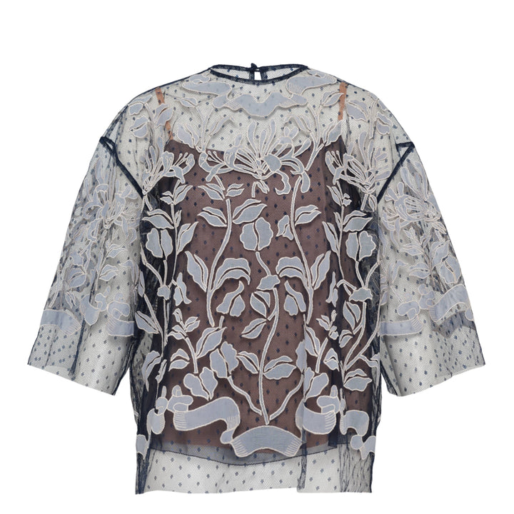 Dot Tulle Top With Linen Embroidery