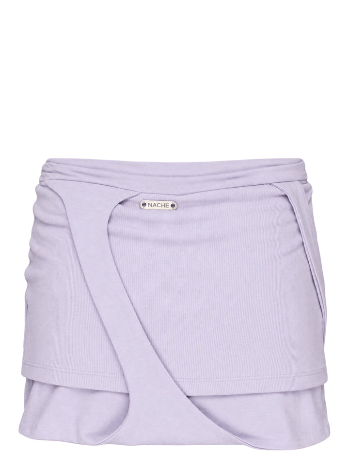 Nache Out In mini skort in lavender ribbed jersey with curved layered wrap overlay and ruched waist - view 2