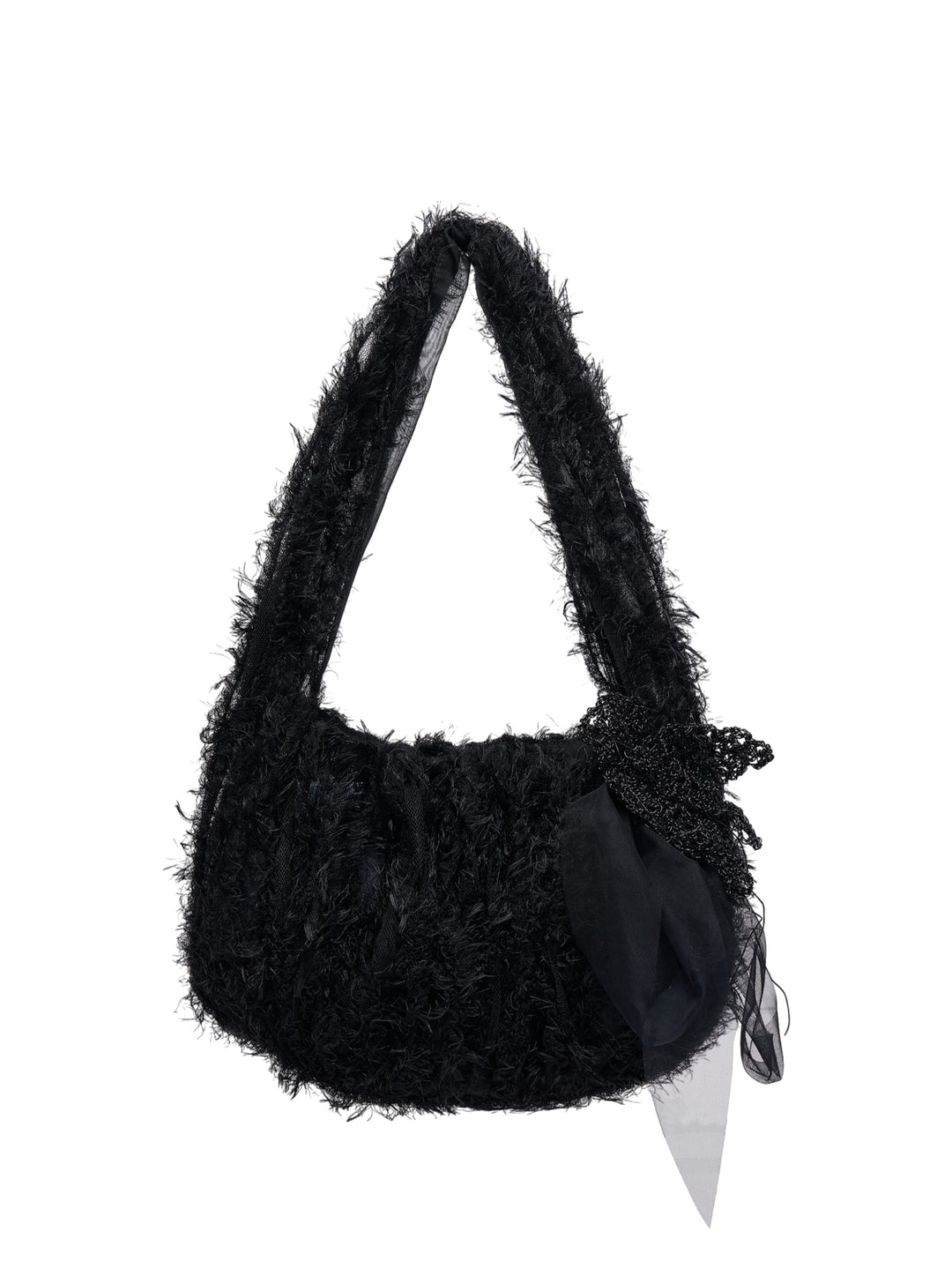 Pauline Dujancourt Small Fluffy Feathers Bag in black with feathered texture, tulle strap and crocheted flower with sheer ribbon detail
