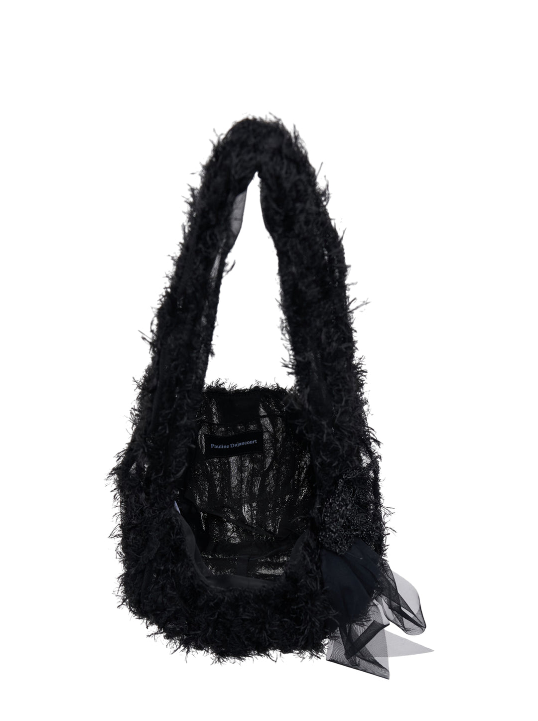 Pauline Dujancourt Small Fluffy Feathers Bag in black with feathered texture, tulle strap and crocheted flower with sheer ribbon detail - view 3