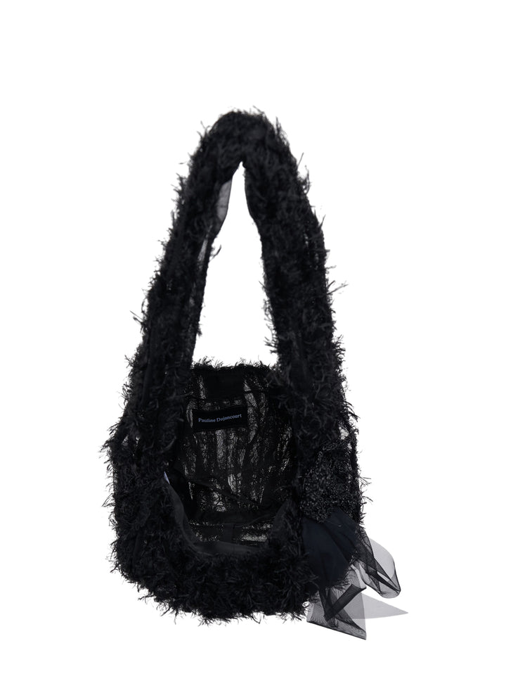 Pauline Dujancourt Small Fluffy Feathers Bag in black with feathered texture, tulle strap and crocheted flower with sheer ribbon detail - view 3