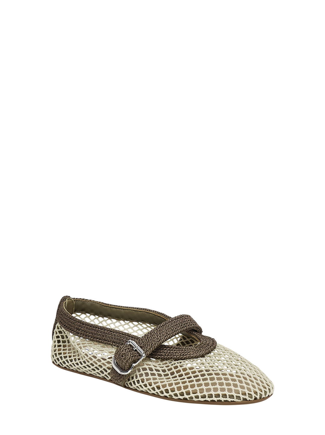 Alaïa cream open-weave mesh Mary Jane ballet flat with taupe crochet trim and silver buckle strap, shown in side profile - view 2