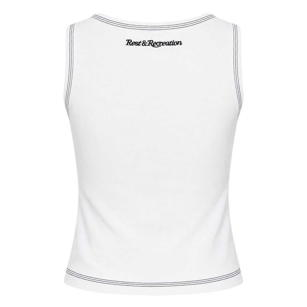 Rest&Recreation Coloration Stitch Sleeveless Tank in white, featuring a square neckline with contrast black topstitching, an embroidered brand logo at the chest, and a woven label at the inner collar