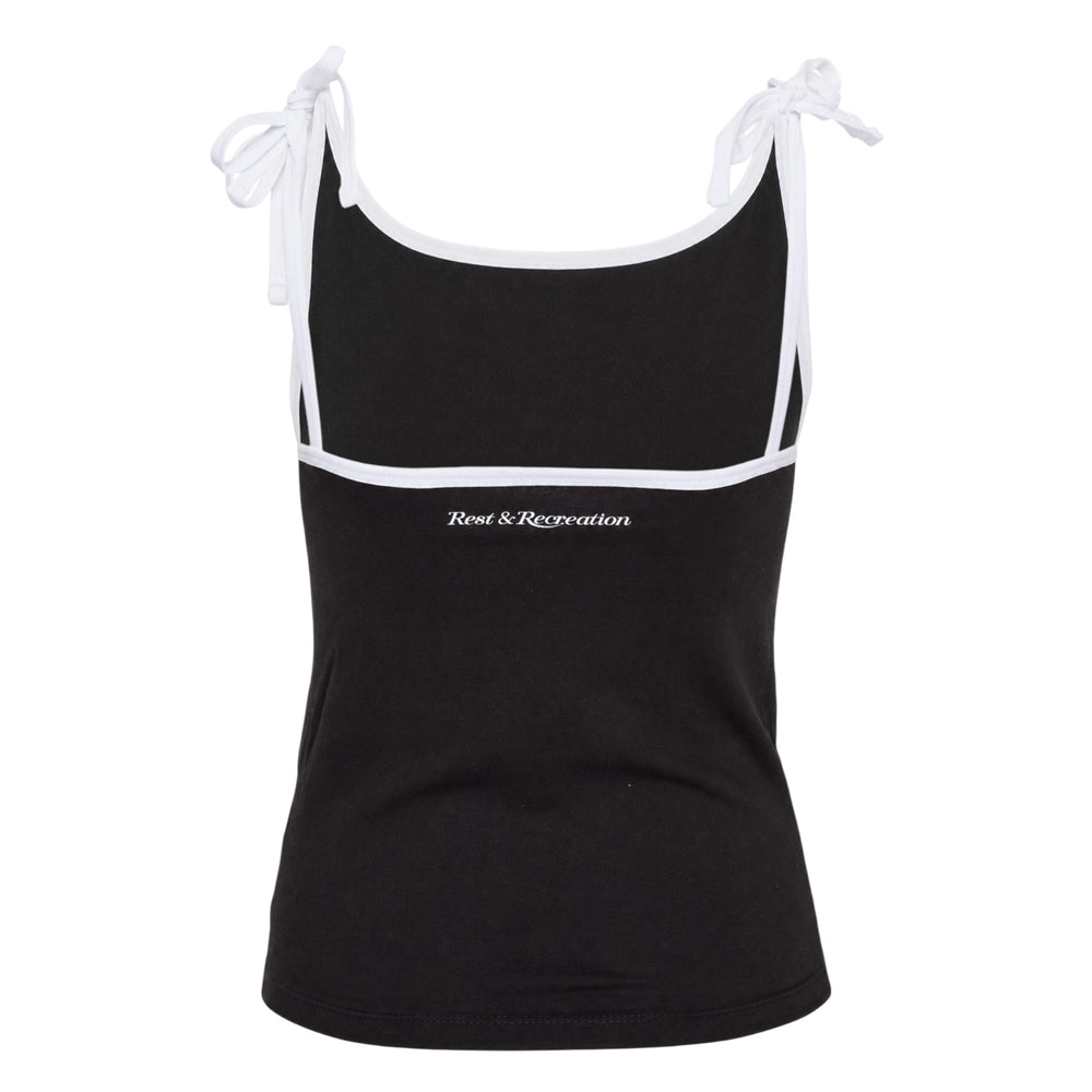 Rest&Recreation black sleeveless tank top with white contrast trim and bow-tied shoulder straps, featuring a small logo emblem on the chest