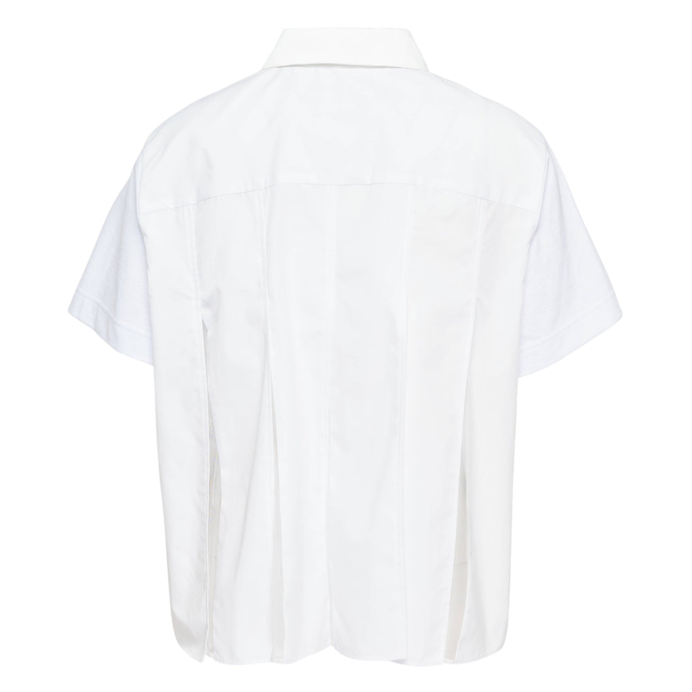 sacai Poplin Polo Shirt in black with a satin-trimmed point collar, concealed button placket, and short sleeves in a boxy cropped silhouette