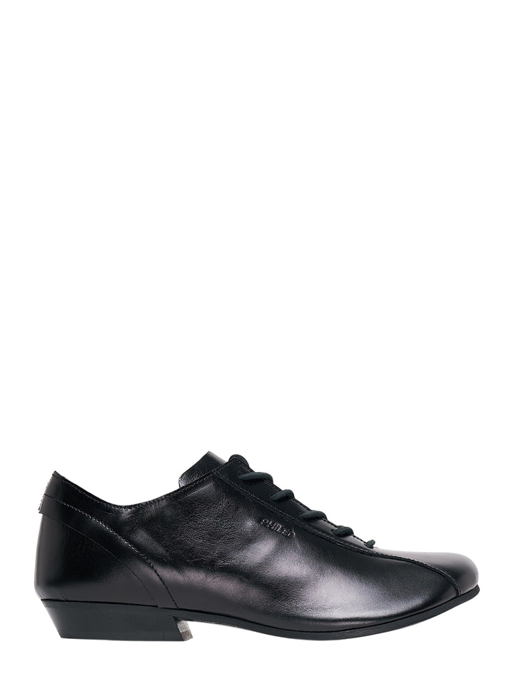 Phileo x Renli Su Cascade black leather lace-up shoe with low stacked heel, shown in side profile