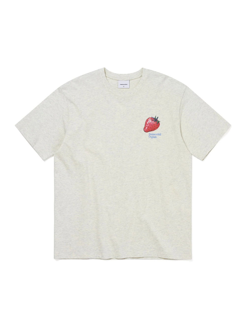 thisisneverthat Strawberry Graphic Tee in oatmeal marl, flat lay showing a painted strawberry motif with Originals script lettering on the chest and a ribbed crew neckline