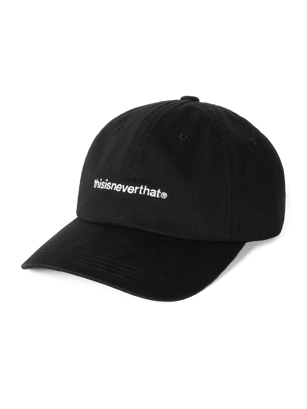 thisisneverthat T-Logo Cap in black with white embroidered wordmark logo on the front panel, six-panel dad cap silhouette, front view