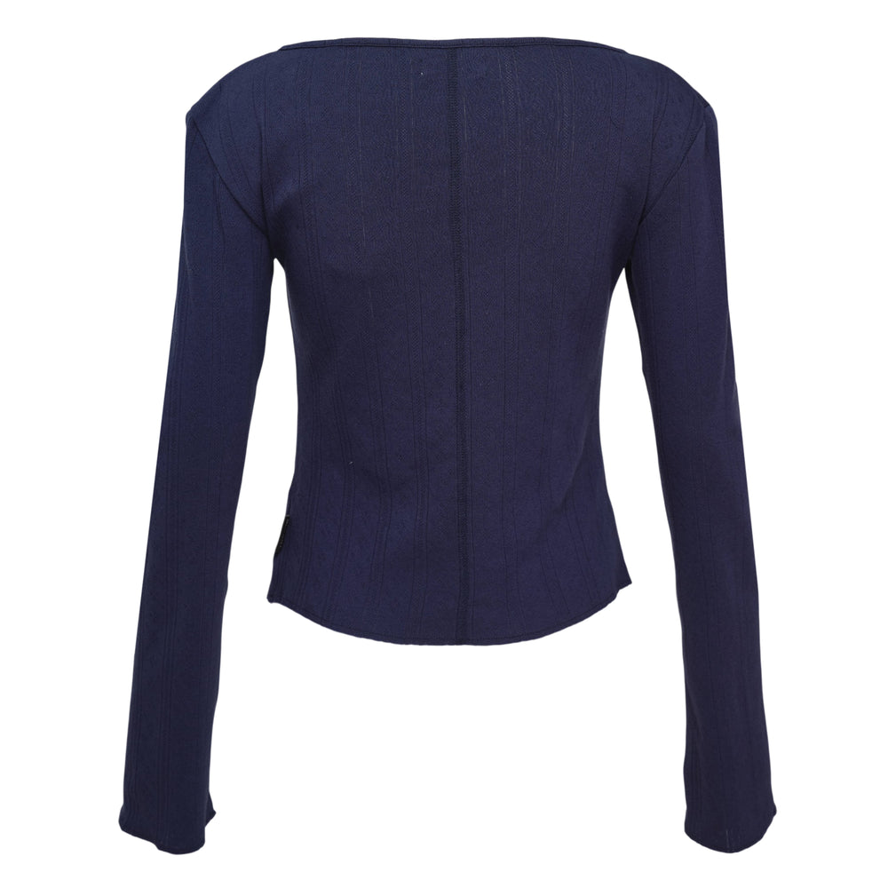 Glowny Honey Eyelet Button Long Sleeve Top in heather grey ribbed knit with tonal button placket and scoop neckline