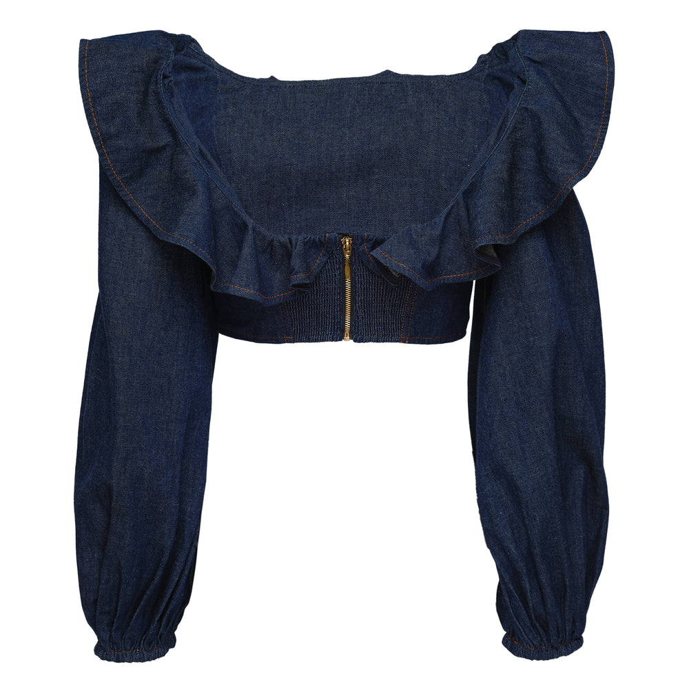 ZIMMERMANN Aster Denim Frill Top – Available at Club 21, Official Retailer in Singapore, Malaysia & Thailand with Global Shipping Online